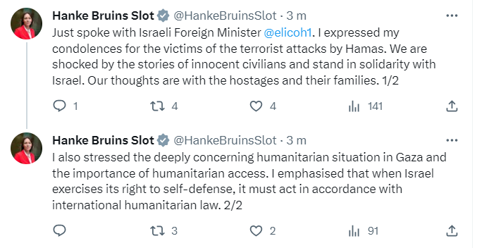 Minister Bruins Slot speaks with Israeli Foreign Minister about terrorist attacks.