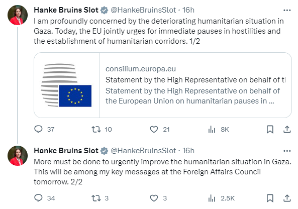 Minister Bruins Slot expresses concern about humanitarian situation in Gaza.