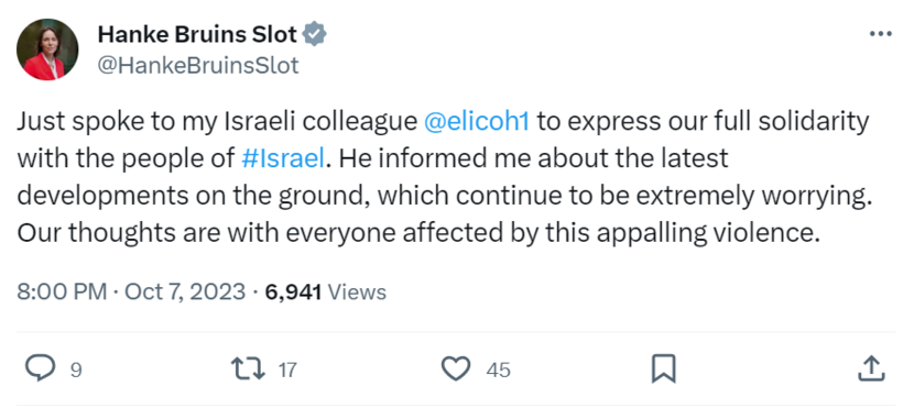 Message by minister Bruins Slot op X about contact with Eli Cohen