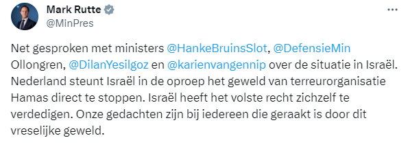 Bericht minister-president Rutte op X over overleg met ministers Bruins Slot en Ollongren